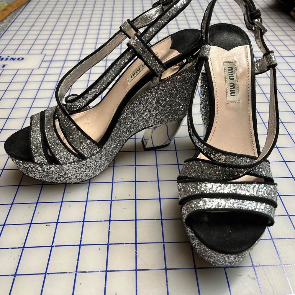 Miu Miu Black and Silver Glitter Platform Heels